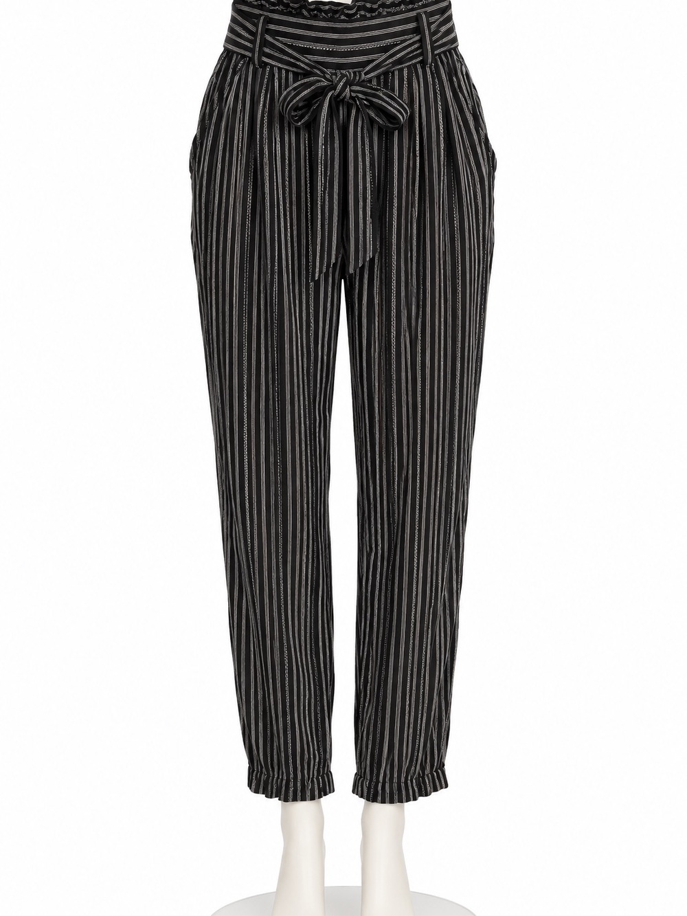 American Eagle Black Pinstripe Paperbag Waist Tie Front Pants Small Petite